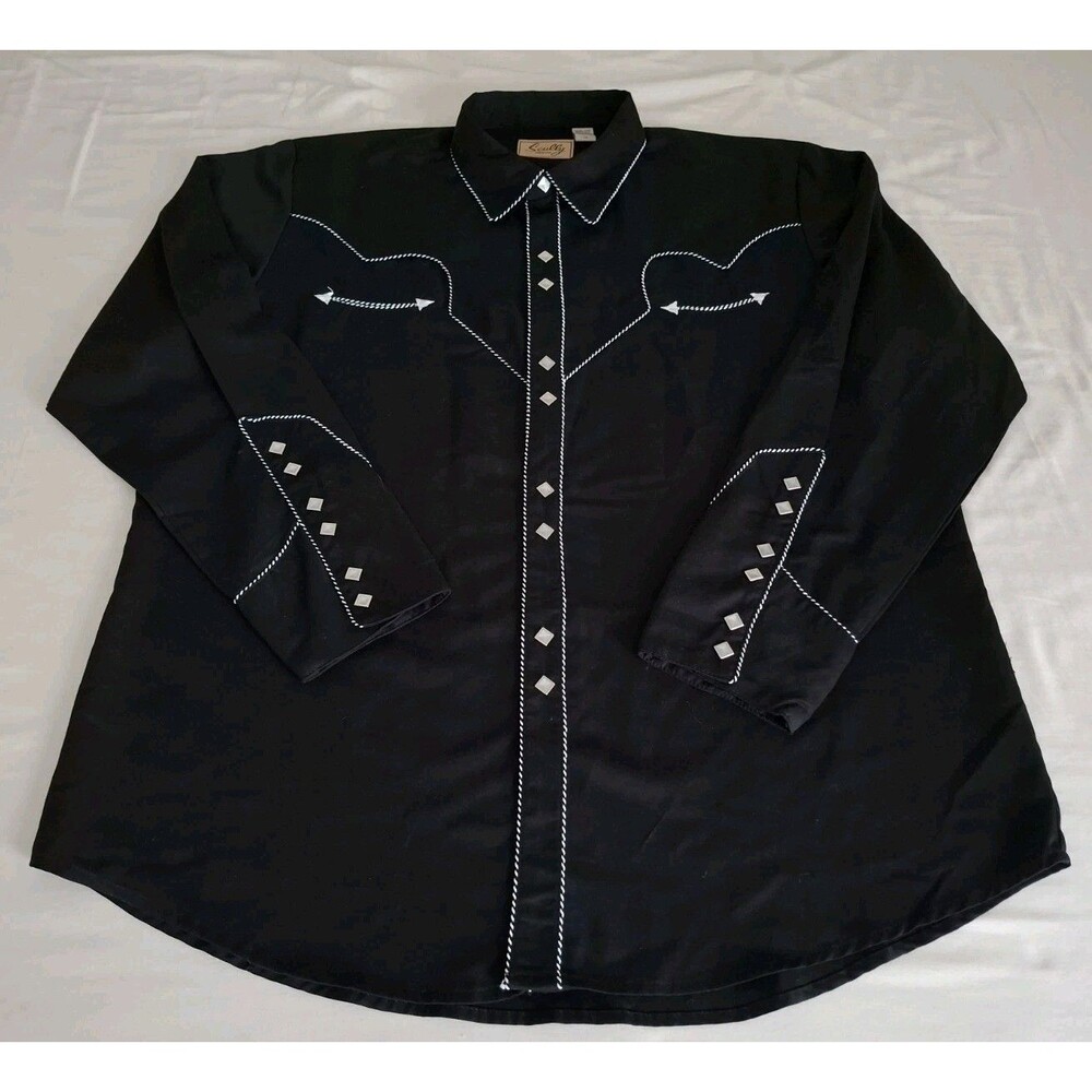 Scully Black Western Shirt Mens White Embroidery Piping Pearl Snaps XXL EUC
